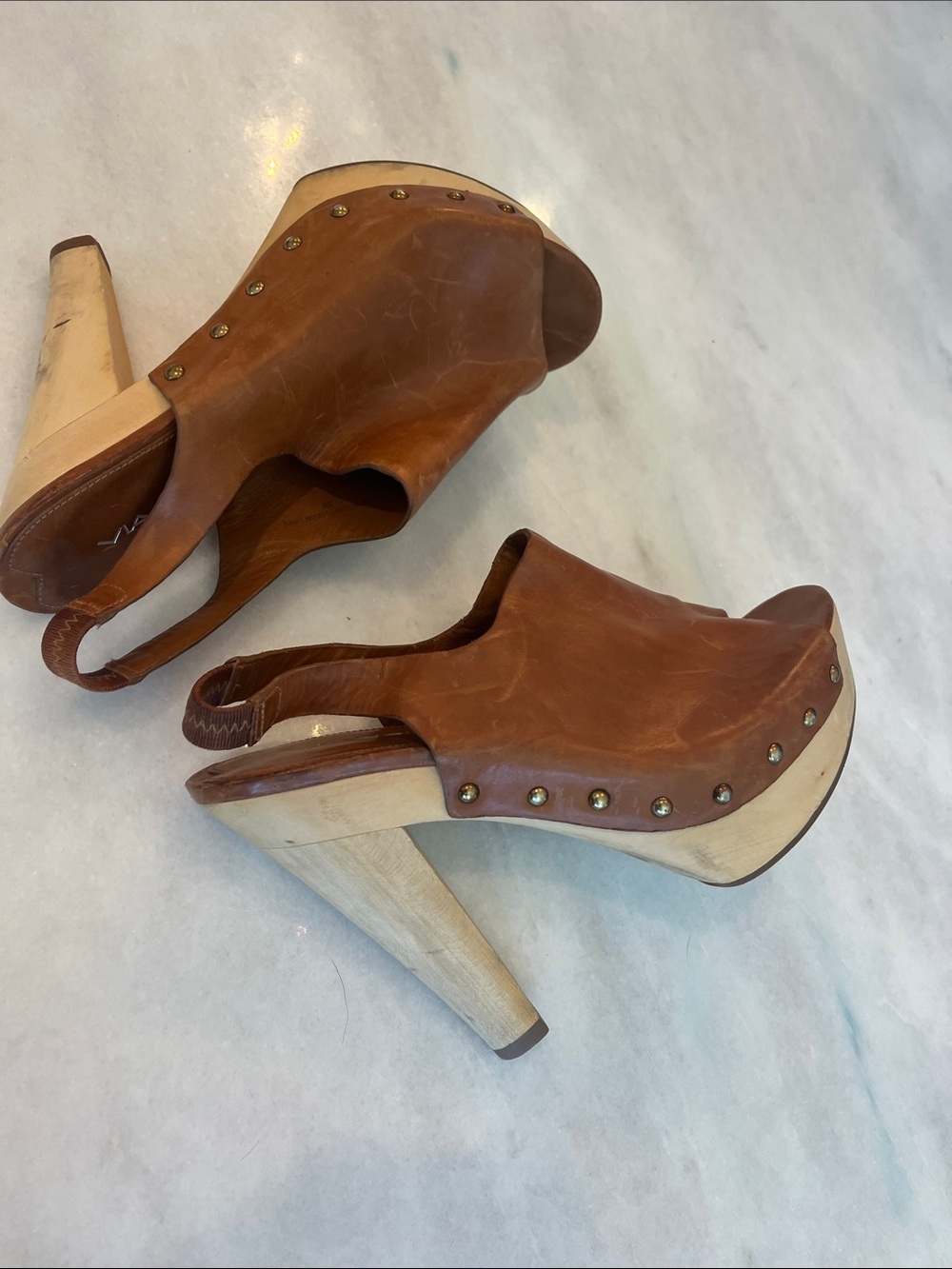 Via Spiga Astro Studded Slingback Platform Heels Clogs Carmel Brown Leather Sz 8 - Picture 13 of 13